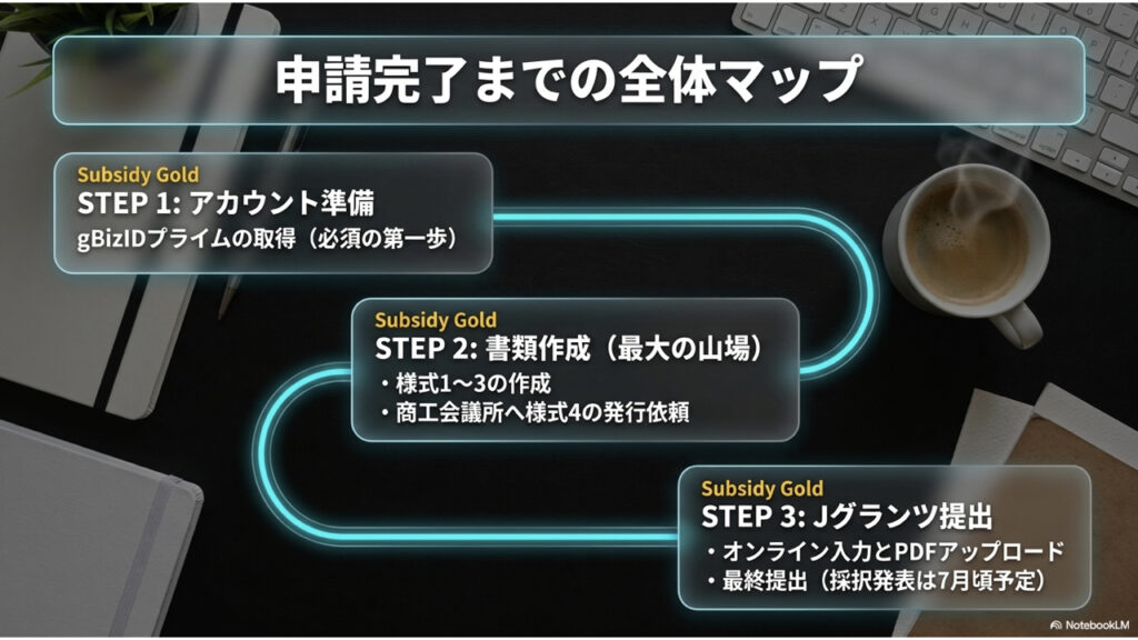 持続化補助金の申請完了までのステップマップ。